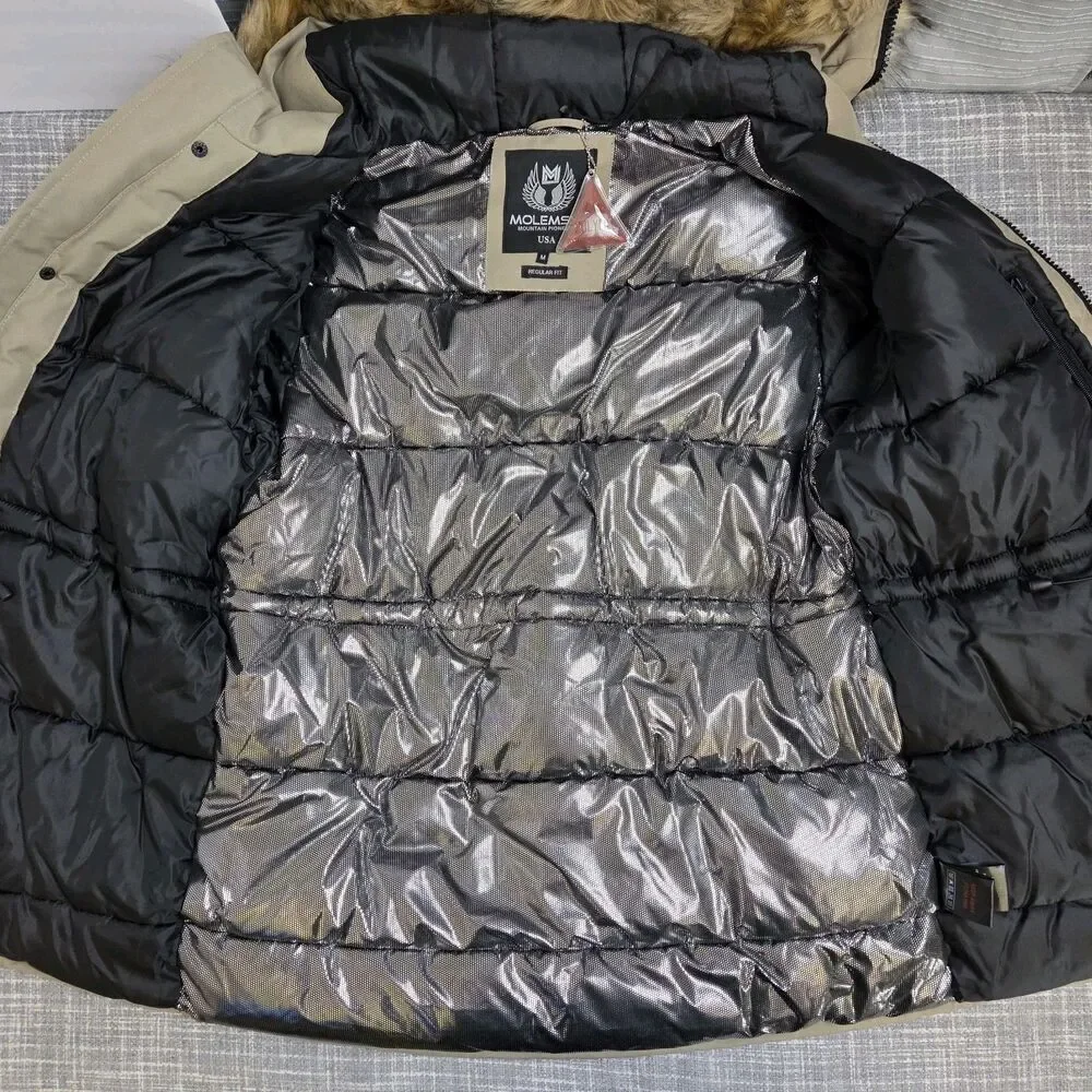 Molemsx Mountain Pioneers Parka Omni Heat Puffer Faux Fur Trim Tan Men's S/M - Picture 5 of 16